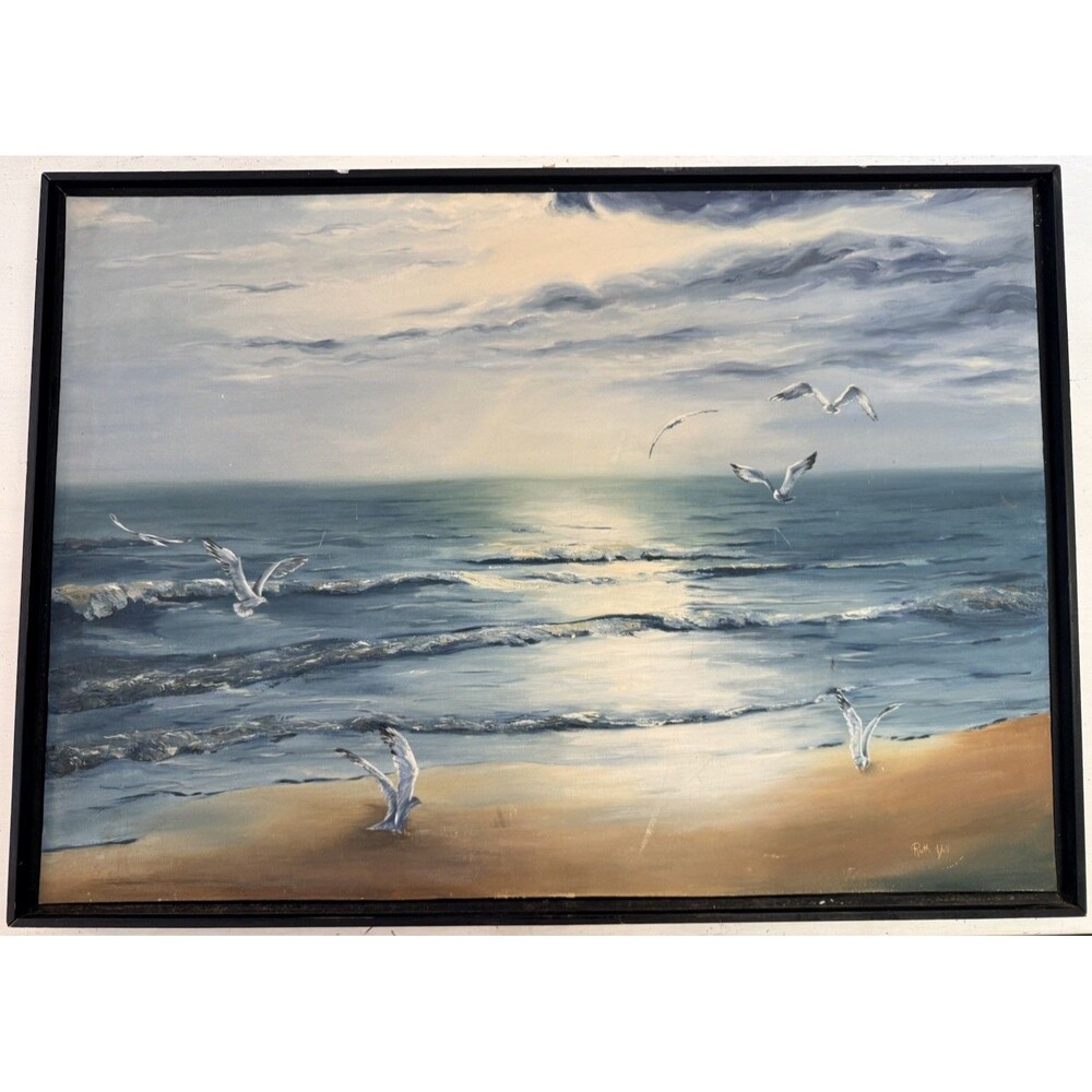 Ruth Vill Original Seascape Oil Painting Large VTG Framed Ocean Beach Art Signed